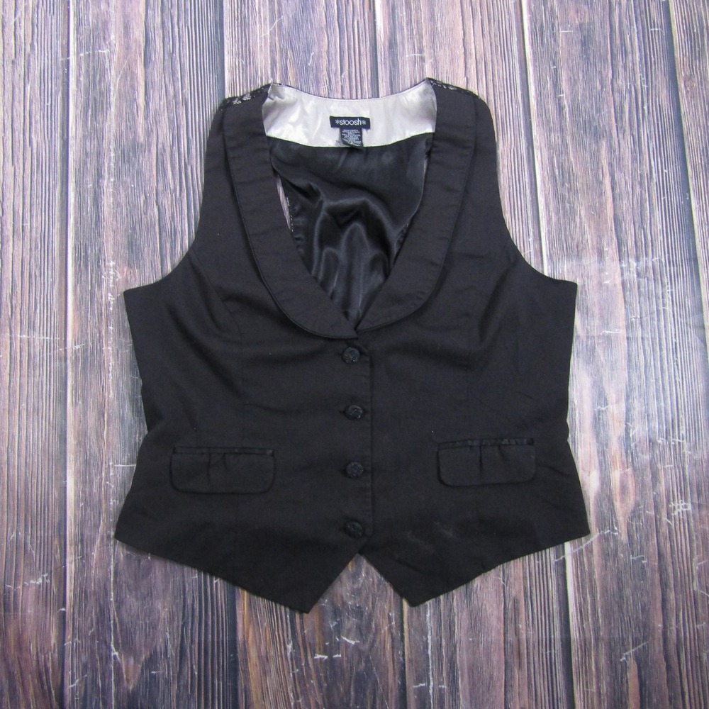Stoosh Vest Womens XL Black Lace Back Lined Button Front Party Casual Wear